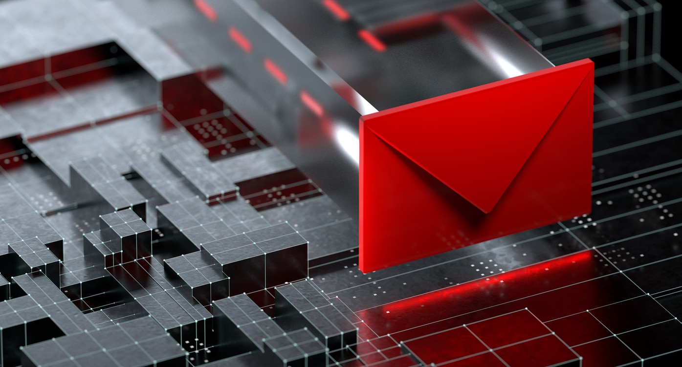 A red email envelope icon on a dark background of geometric metal blocks